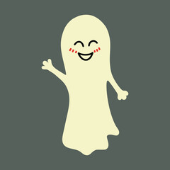 Cute happy ghost waving hand flat style. Vector illustration