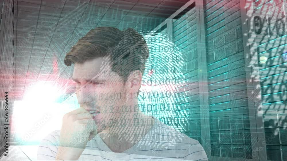Poster Animation of data processing with biometric fingerprint over businessman and computer servers