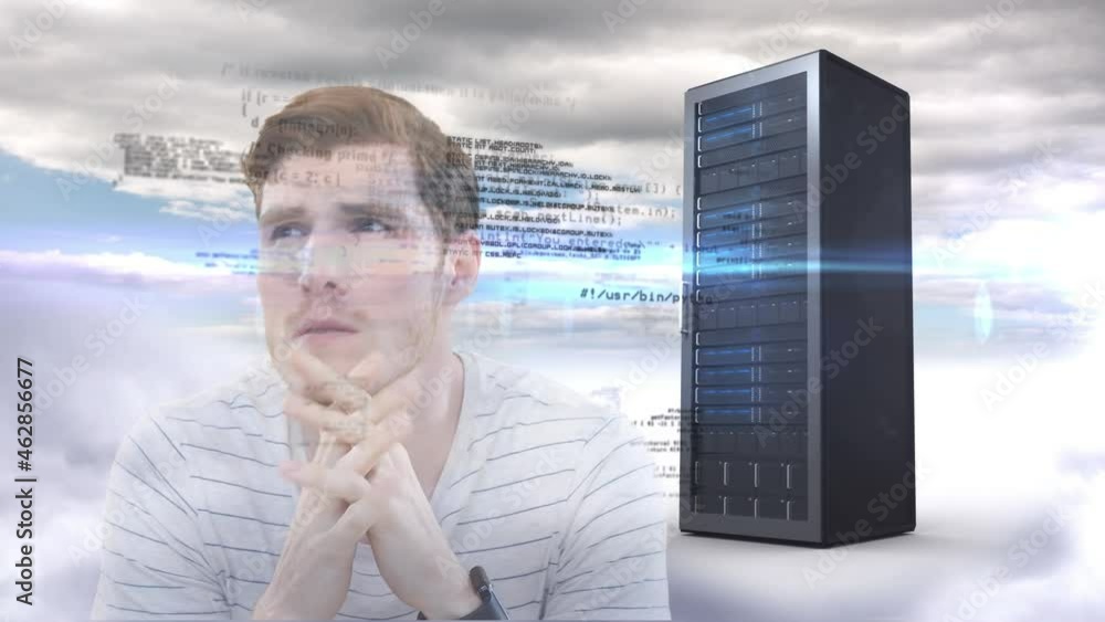 Poster Animation of data processing over businessman and computer server