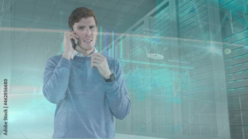 Aufkleber animation of data processing over worried businessman on smartphone and computer servers