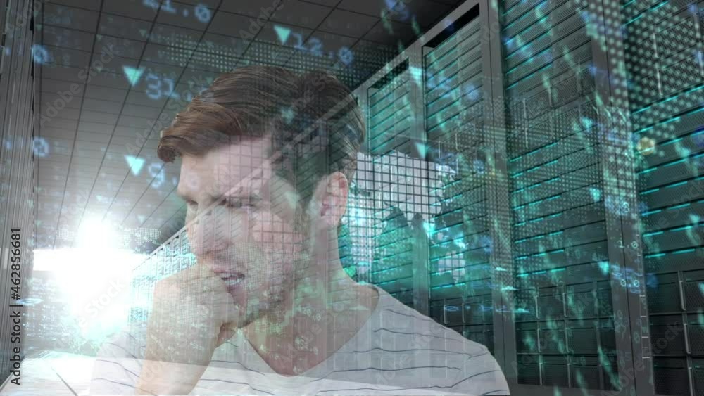 Poster animation of data processing over worried businessman and computer servers