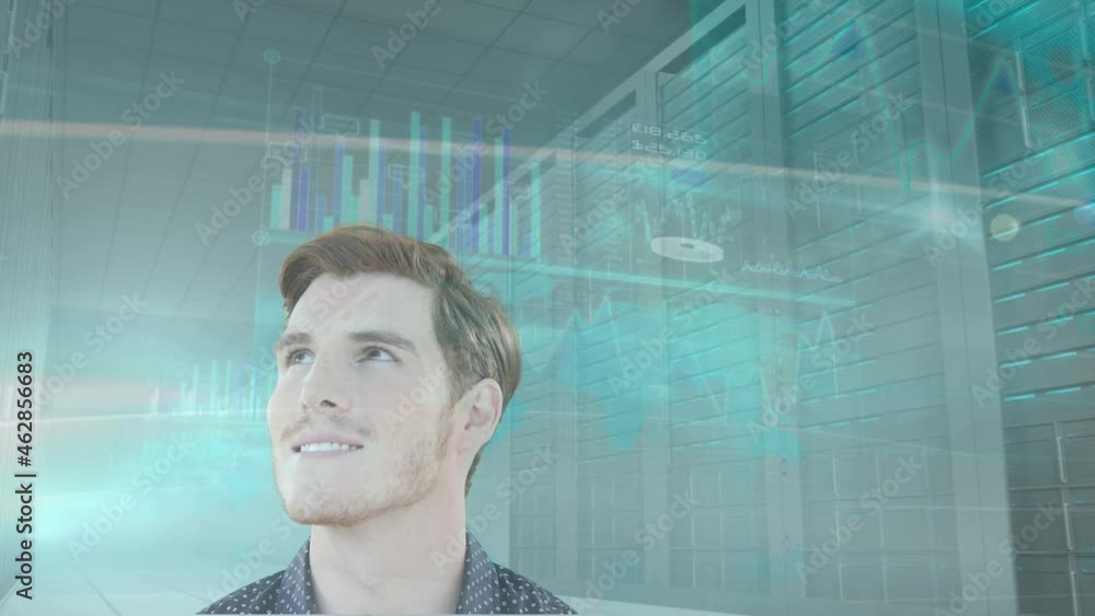 Poster Animation of data processing over smiling businessman and computer servers