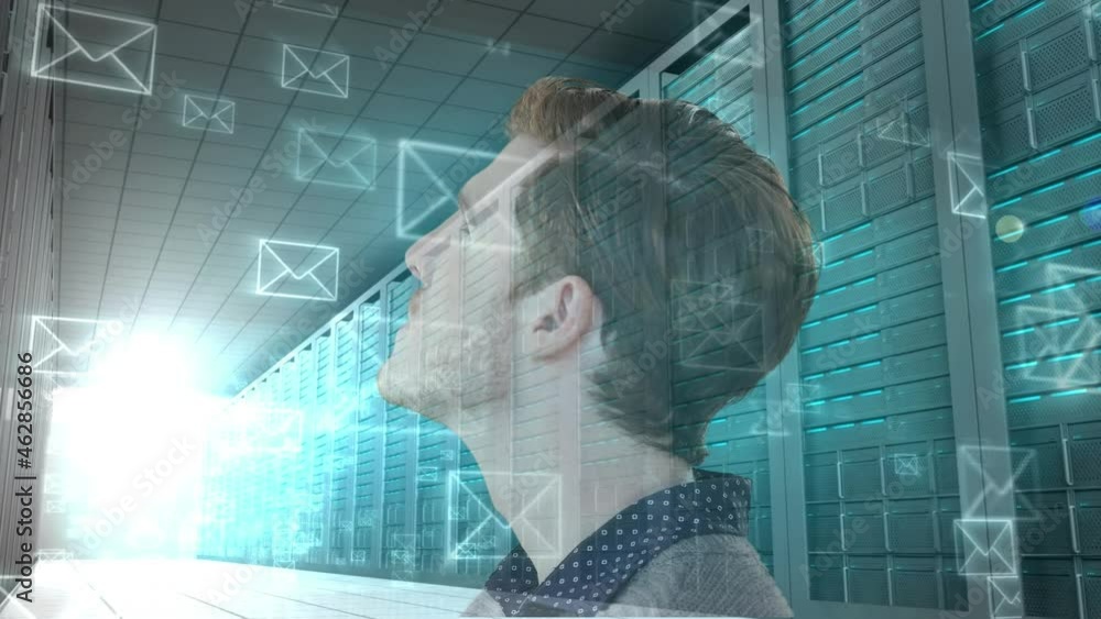 Poster animation of data processing and envelope icons over businessman and computer servers