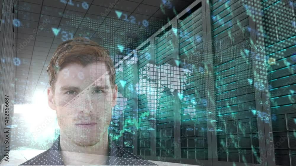 Aufkleber animation of data processing over businessman and computer servers