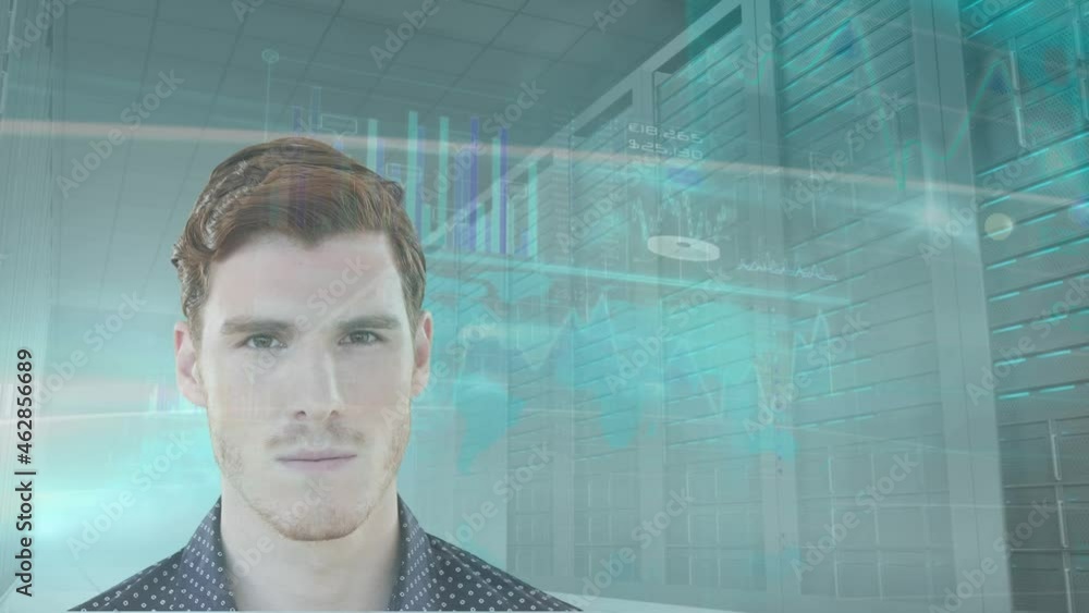 Poster Animation of data processing over businessman and computer servers