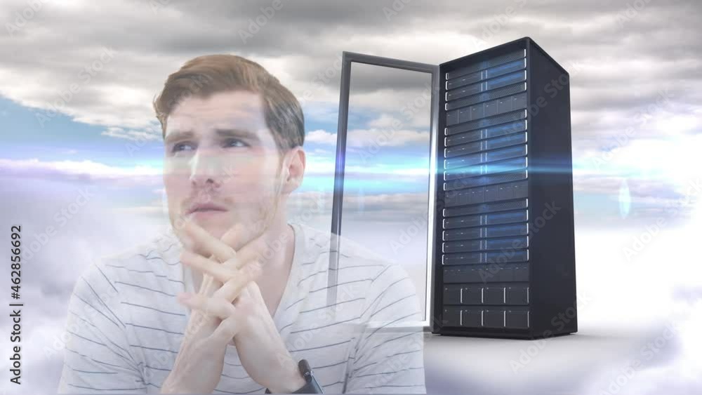 Poster Animation of data processing over businessman and computer server