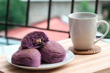 A homemade Ube bread with yam and cheese filling.
