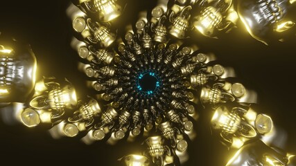 3d render Abstract art of surreal halloween composition with metal aluminium skulls