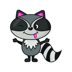 flat style happy raccoon with tongue character. Vector illustration