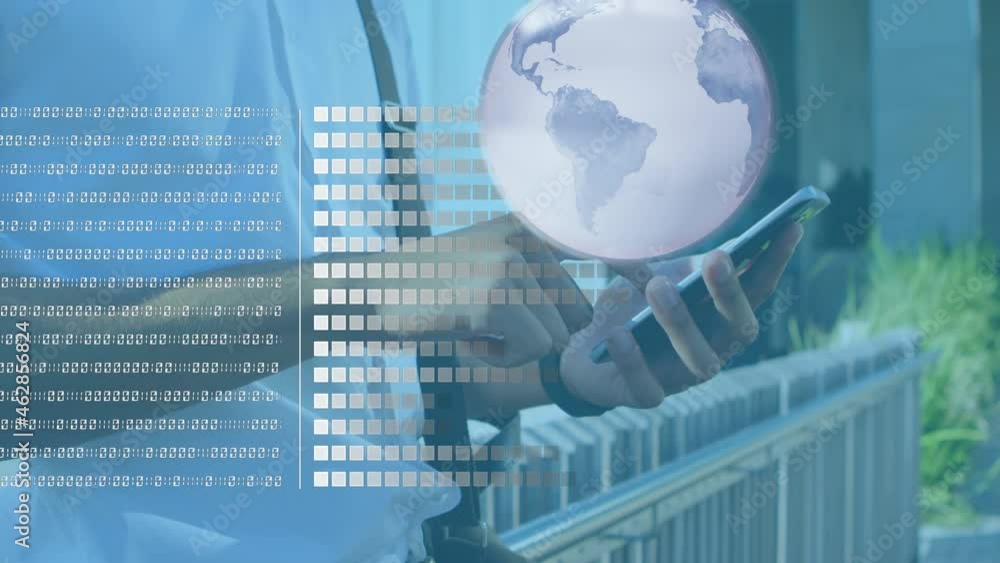 Poster animation of globe and data processing over businessman using smartphone