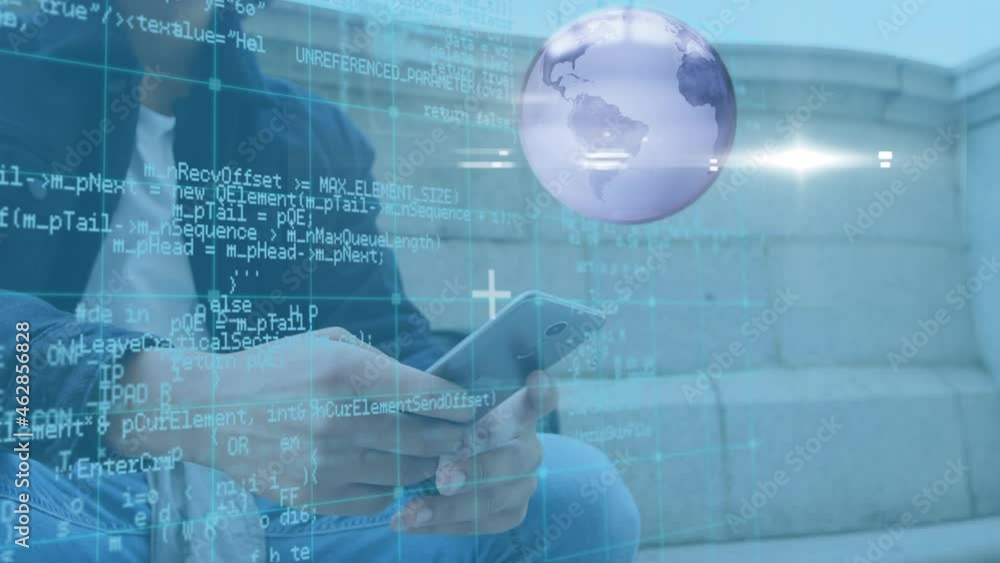 Poster animation of globe and data processing over man using smartphone