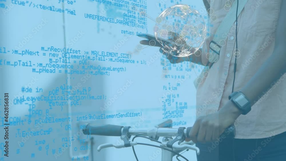 Poster animation of globe and data processing over woman using smartphone