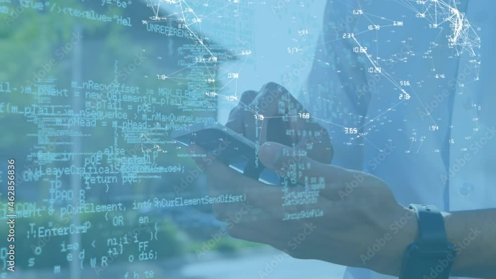 Poster animation of networks and data processing over businessman using smartphone