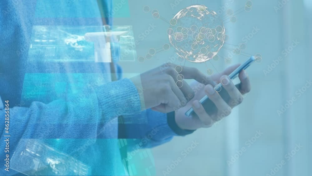 Poster animation of globe and data processing over businessman using smartphone