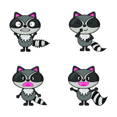 Cute raccoons cartoon characters set flat style. Different emotions giggling ,happy ,shocked, scared. Vector illustration
