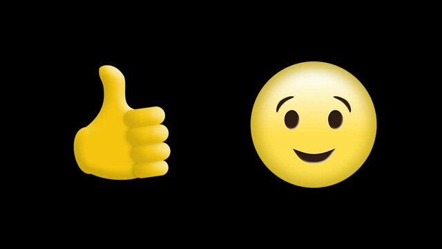 Animation of happy and thumbs up emoji emoticon icons on black background