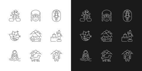 Culture of Nepal linear icons set for dark and light mode. Trekking destination. Earthquake. Religious sites. Customizable thin line symbols. Isolated vector outline illustrations. Editable stroke - obrazy, fototapety, plakaty