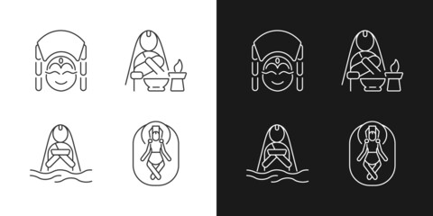 Nepal spiritual heritage linear icons set for dark and light mode. Kumari living goddess. Baby naming tradition. Customizable thin line symbols. Isolated vector outline illustrations. Editable stroke