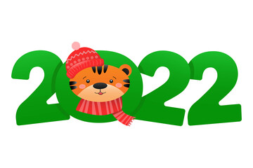 Happy New Year 2022 festive design with cartoon funny tiger and number of 2022. Year of the tiger.