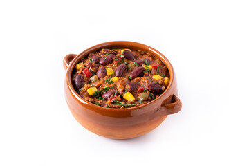 Traditional mexican tex mex chili con carne in bowl isolated on white background