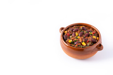 Traditional mexican tex mex chili con carne in bowl isolated on white background. Copy space
