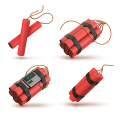 Realistic 3d red dynamite bomb with electronic timer detonator. Tnt sticks with wick. Explosive weapon, pyrotechnic, firecrackers vector set