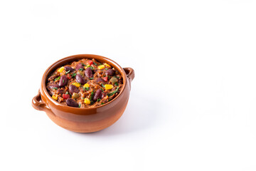 Traditional mexican tex mex chili con carne in bowl isolated on white background. Copy space
