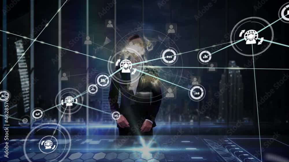 Poster animation of network of connections with icons over businesswoman using interactive screen