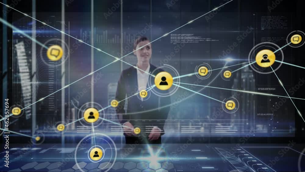 Poster animation of network of connections with icons over businesswoman using interactive screen