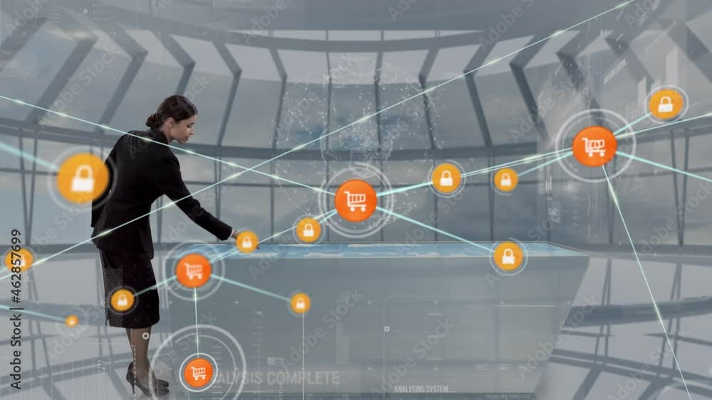 Poster animation of network of connections with icons over businesswoman using interactive screen