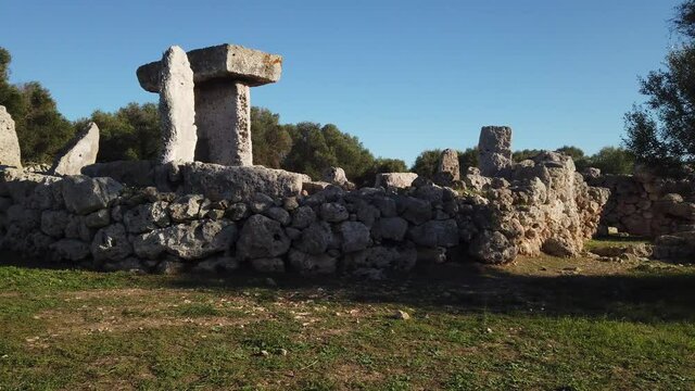 Video with movement approaching a megalithic structure in the talayotic town of Trepuc&oacute; on the island of Menorca, Spain.
