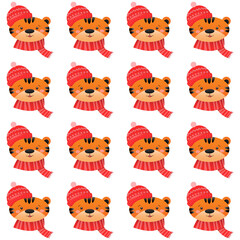 Fototapeta premium Christmas seamless pattern with cute tiger. Christmas and New Year concept. The illustration is great for wrapping paper and packaging.