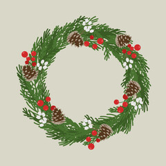 Vector illustration isolated on a light background Christmas and Happy New Year illustration with Christmas wreath decorated with pine cones and berries. Christmas and New Year concept for cards, invi