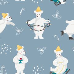 Seamless pattern polar bear in winter clothes engaged in winter activities. Winter pattern is suitable for wrapping paper, fabric, gift bags, web page background, Christmas cards.
