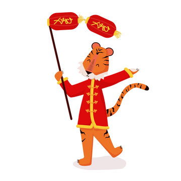 Vector illustration isolated on white background cartoon cute tiger in Chinese clothes symbol of Chinese new year 2022.
