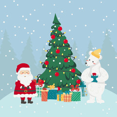 Vector illustration of Santf Claus and polar bear at the Christmas tree with gifts.Christmas and New Year concept for cards, invitations, advent calendar.