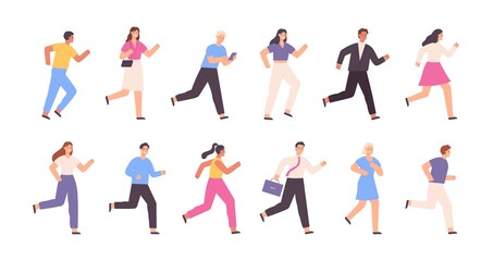 Fototapeta na wymiar Flat running people, business man, woman, jogging characters. Outdoor sport activity. Success competition concept. Cartoon runner vector set
