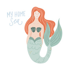 Mermaid vector hand drawn colorful illustration. Flat cartoon drawing with lettering.