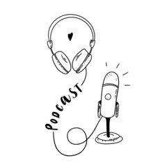 Podcast line hand drawn vector illustration mic and headphones. Black and white positive drawing microphone with lettering.