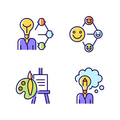 Creative and professional talents RGB color icons set. Networking talent. Leadership and influence aptitude. Artistic talent. Isolated vector illustrations. Simple filled line drawings collection