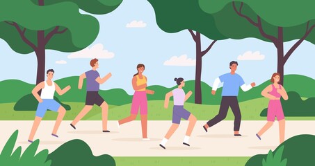 Cartoon group of people jogging in city park, race competition. Outdoor run exercise. Men and women athletes running marathon vector concept