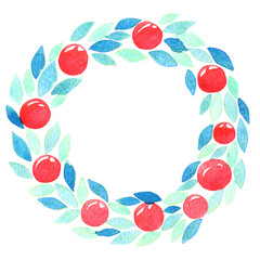 Abstract Christmas leaves with red ball wreath watercolor illustration for decoration on Christmas holiday events.