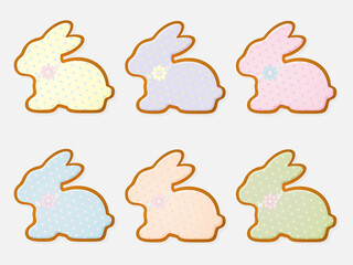 A set of Easter gingerbread in delicate shades in the shape of a rabbit.
