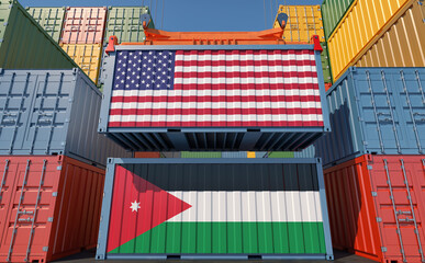 Freight containers with USA and Jordan national flags. 3D Rendering 