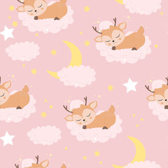 Children's illustration with sleeping fawn. Use for wall prints, pillows, children's interior decoration, baby clothes and shirts, greeting cards, vector and others.