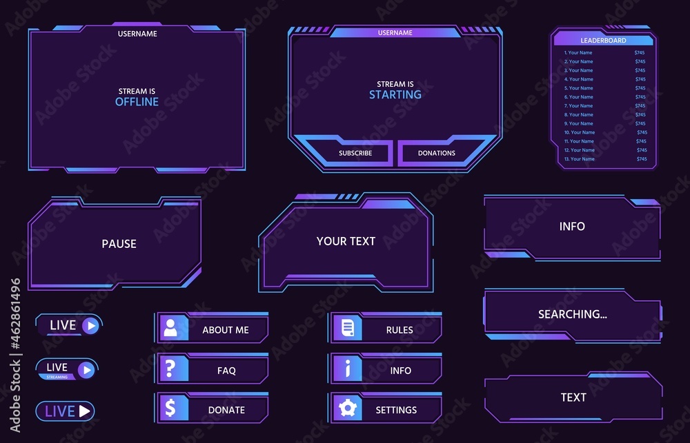 Poster digital futuristic ui panels and buttons, game live stream. neon hud frames, leaderboard, menu and b