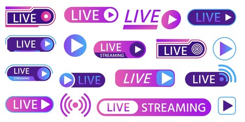 Live icons for game streaming, tv broadcasting, show or news on air. Buttons and bars for social media, online living video event vector set