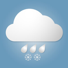 Cloud with snowflakes and rain drops on blue background. Weather icon.