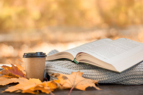 autumn, on the table is a warm scarf with a book of hot coffee or tea against the background of fallen leaves. High quality photo