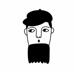 Obraz na płótnie Canvas Doodle bearded whistles face. Hand-drawn outline human isolated on white background. Funny Avatar. Cartoon young man. Male cute portrait with Hairstyle, beard, cap. Vector character illustration